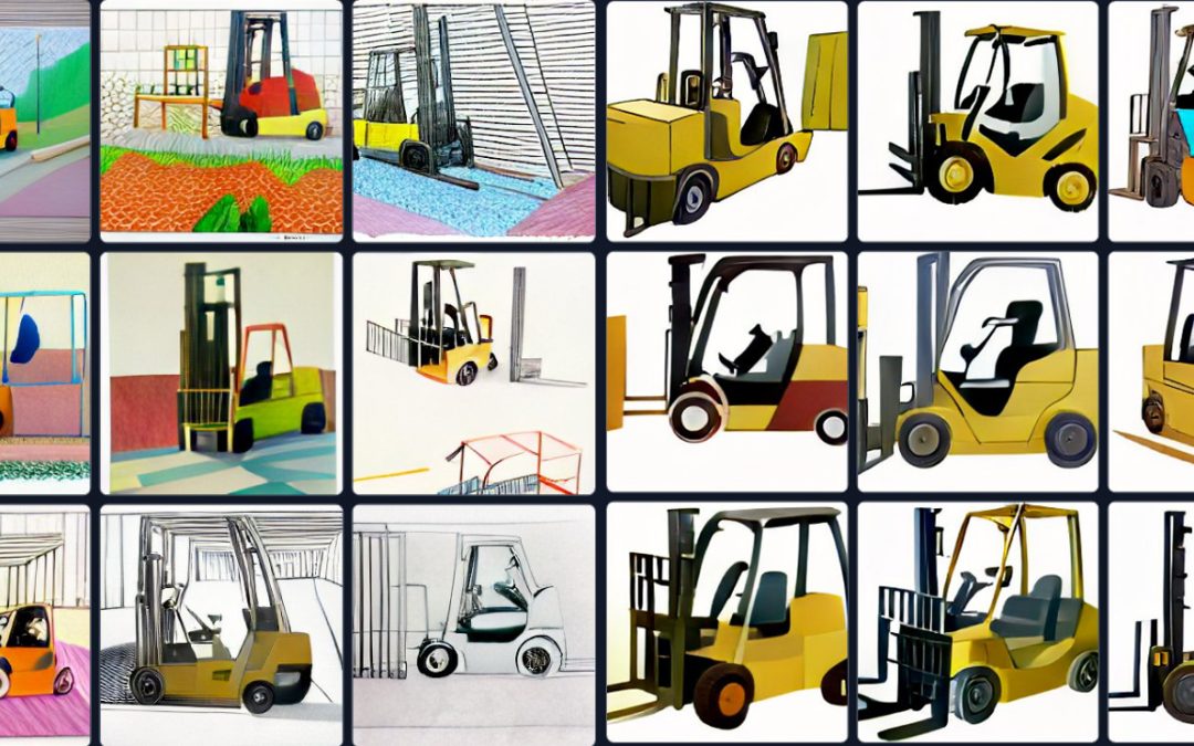 Forklifts painted by 10 famous artists (as imagined by Artificial Intelligence)